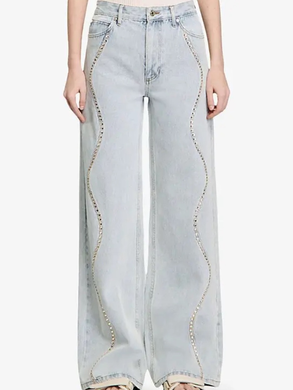 Sandro Rhinestone Stripe Jeans in Light Blue Jean